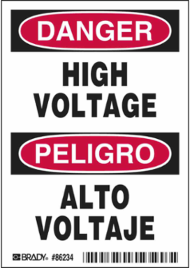 DANGER/PELIGRO HIGH VOLTAGE/ALTO VOLTAJE Labels, 5" H x 3.5" W x 0.006" D, Black/Red on White