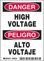 DANGER/PELIGRO HIGH VOLTAGE/ALTO VOLTAJE Labels, 5" H x 3.5" W x 0.006" D, Black/Red on White