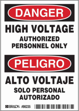 DANGER/PELIGRO HIGH VOLTAGE AUTHORIZED PERSONNEL ONLY/ALTO VOLTAJE Labels, 5" H x 3.5" W x 0.006" D, Black/Red on White