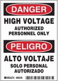 DANGER/PELIGRO HIGH VOLTAGE AUTHORIZED PERSONNEL ONLY/ALTO VOLTAJE Labels, 5" H x 3.5" W x 0.006" D, Black/Red on White