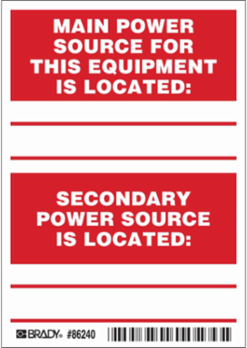 MAIN POWER SOURCE FOR THIS EQUIPMENT IS LOCATED: S Labels, 5" H x 3.5" W x 0.006" D, Red on White