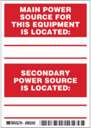 MAIN POWER SOURCE FOR THIS EQUIPMENT IS LOCATED: S Labels, 5" H x 3.5" W x 0.006" D, Red on White