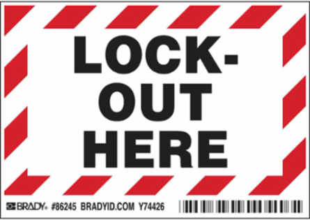 LOCK-OUT HERE Labels, 3.5" H x 5" W x 0.006" D, Black/Red on White