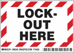 LOCK-OUT HERE Labels, 3.5" H x 5" W x 0.006" D, Black/Red on White