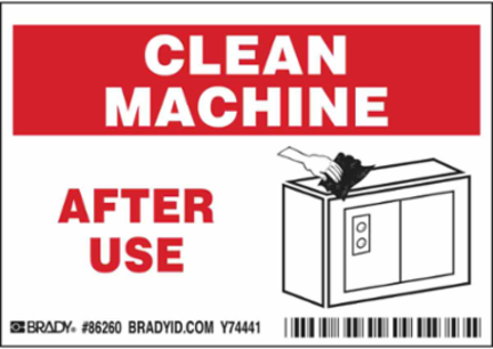 CLEAN MACHINE AFTER USE Labels, 3.5" H x 5" W x 0.006" D, Black/Red on White