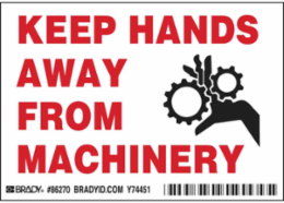 KEEP HANDS AWAY FROM MACHINERY Labels, 3.5" H x 5" W x 0.006" D, Black/Red on White