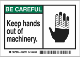 Safety Label - "KEEP HANDS OUT OF MACHINERY", 3.5 Inch H x 5 Inch W, Polyester, Permanent Adhesive