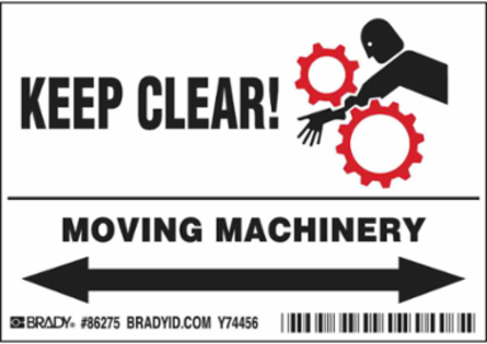 KEEP CLEAR! MOVING MACHINERY Labels, 3.5" H x 5" W x 0.006" D, Black/Red on White