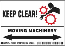 KEEP CLEAR! MOVING MACHINERY Labels, 3.5" H x 5" W x 0.006" D, Black/Red on White
