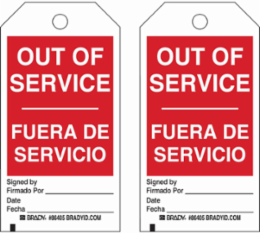 Accident Prevention Tag - OUT OF SERVICE 5.75 in x 3 in, Write-On, Laminated, Polyester