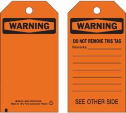 Self-Laminating Tags: WARNING, 5.75" H x 3" W, Black on Orange