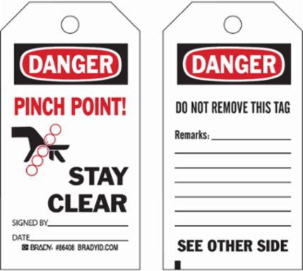 DANGER Pinch Point Stay Clear Tag, 7 Inch H x 4 Inch W, Chemical-Resistant Polyester