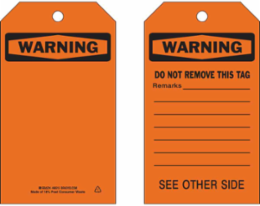 Self-Laminating Tags: WARNING, 7" H x 4" W, Black on Orange