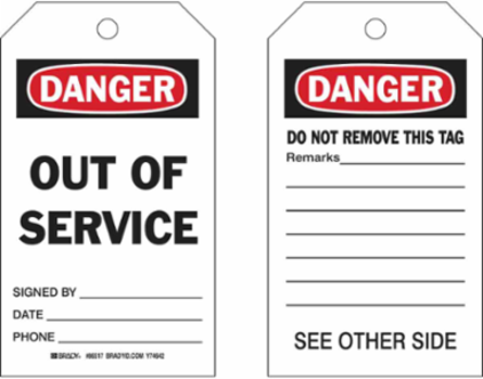 Self-Laminating Tags: DANGER: OUT OF SERVICE SIGNED BY: DATE: PHONE:, 7" H x 4" W, Black/Red on White