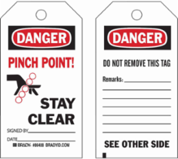 DANGER Pinch Point Safety Tag 5.75 Inch x 3 Inch with Image & Text, 10 Nylon Fasteners