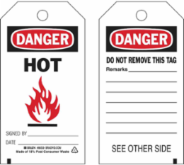 Accident Prevention Tag - DANGER HOT, 5.75 in x 3 in, Nylon Fasteners (10 Count)