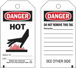 DANGER Hot Accident Prevention Tag, 5.75 Inch x 3 Inch, Heavy Duty Polyester, (10) Fasteners