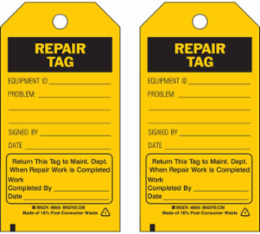 Repair Tag 5.75 Inch x 3 Inch Heavy Duty Polyester, Black on Yellow