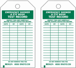 Inspection & Material Control Tags, EMERGENCY SHOWER & EYEWASH TEST RECORD, 5.75" H x 3" W, Green on White