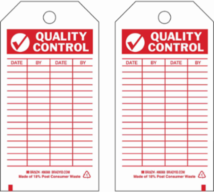 Inspection & Material Control Tags, QUALITY CONTROL DATE: BY: DATE: BY:, 5.75" H x 3" W, Red on White