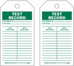 Inspection & Material Control Tags - Inspection / Material Control Tags: TEST RECORD, 5.75" H x 3" W, Green on White