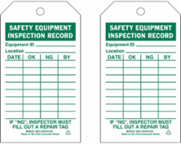 Inspection & Material Control Tags, SAFETY EQUIPMENT INSPECTION RECORD, 7" H x 4" W, Green on White