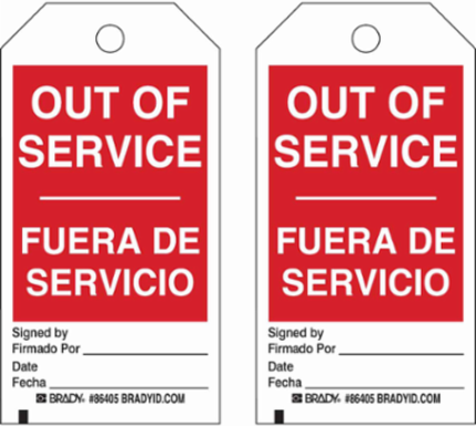 OUT OF SERVICE Tag, 5.75 Inch x 3 Inch, Paper, Write-On, Black/Red on White