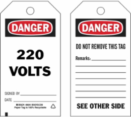DANGER Tag, 5.75 Inch H x 3 Inch W, Black/Red on White, Includes Cotton String Ties