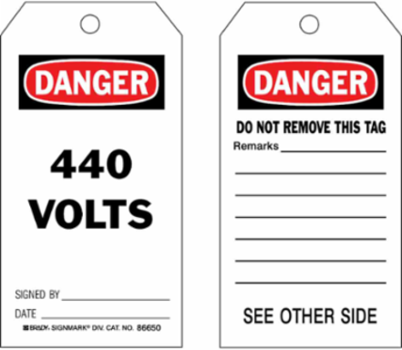 Danger Tag: 440 Volts, 5.75 Inch x 3 Inch, Pack of 100 Tags with Write-On Area