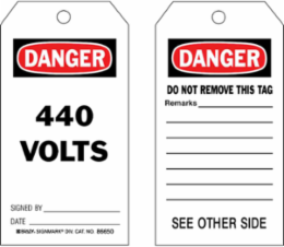 Danger Tag: 440 Volts, 5.75 Inch x 3 Inch, Pack of 100 Tags with Write-On Area