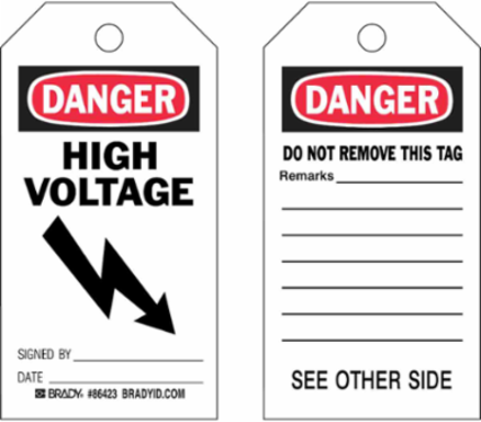DANGER: HIGH VOLTAGE Tag, 5.75 Inch x 3 Inch, Rigid Paper, Includes 100 Cotton String Ties