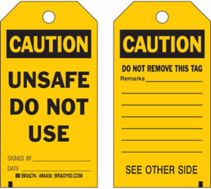 Accident Prevention Tag - CAUTION: UNSAFE, 5.75 Inch H x 3 Inch W, Paper Material