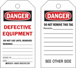 Accident Prevention Tag - DANGER: DEFECTIVE EQUIPMENT, 5.75 in x 3 in, Write-On Cardstock