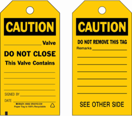 Caution Valve Tag 5.75 Inch H x 3 Inch W, Paper Cardstock, Durable, Write-On Area