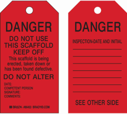 Scaffolding Tags: DANGER: DO NOT USE THIS SCAFFOLD KEEP OFF THIS SCAFFOLD IS BEING ERECTED, (100) 12" Cotton String Ties