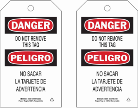 Danger/Peligro Accident Prevention Tag, 7 Inch H x 4 Inch W, Paper, Writable