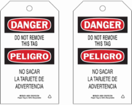 Danger/Peligro Accident Prevention Tag, 7 Inch H x 4 Inch W, Paper, Writable