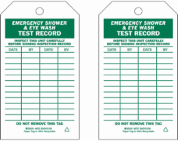 Inspection & Material Control Tags, EMERGENCY SHOWER & EYEWASH TEST RECORD, 7" H x 4" W, Green on White, Paper