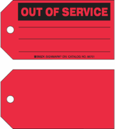 OUT OF SERVICE Production Tag, 3" H x 5.75" W, Black on Red