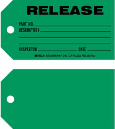 RELEASE Production Tag, 5.75" H x 3" W, Black on Green