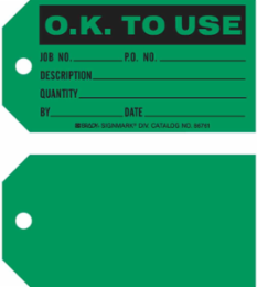 O.K. TO USE Production Tag, 3" H x 5.75" W, Black on Green