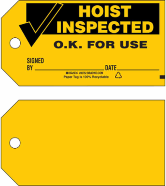 HOIST INSPECTED Production Tag, 3" H x 5.75" W, Black on Yellow