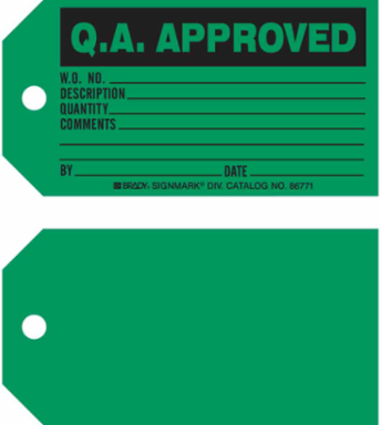 Q.A. APPROVED Production Tag, 3" H x 5.75" W, Black on Green