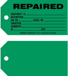 REPAIR EQUIPMENT I.D. Production Tag, 3" H x 5.75" W, Black on Green