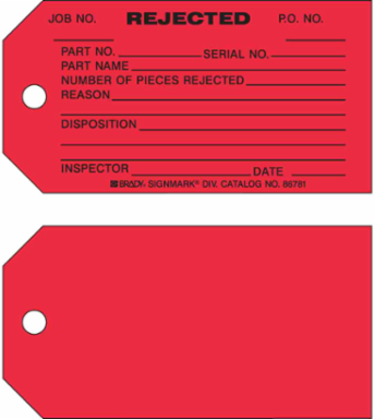 REJECTED Production Tag, PART NO: SERIAL NO: PART NAME: NUMBER OF PIECES REJECTED: REASON: DISPOSITION: INSPECTOR: DATE: