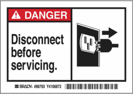 DANGER DISCONNECT BEFORE SERVICING. Labels, 3.5" H x 5" W x 0.006" D, Black/Red on White