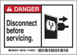 DANGER DISCONNECT BEFORE SERVICING. Labels, 3.5" H x 5" W x 0.006" D, Black/Red on White