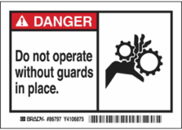 DANGER Do Not Operate Without Guards In Place. Labels, 3.5" H x 5" W x 0.006" D, Black/Red on White