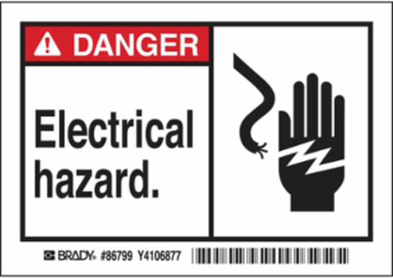 DANGER ELECTRIC HAZARD. Labels, 3.5" H x 5" W x 0.006" D, Black/Red on White
