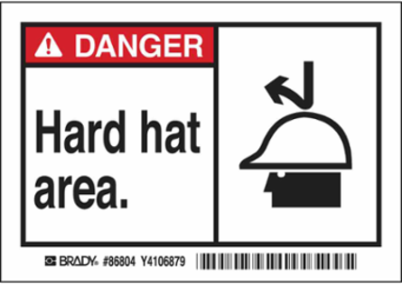 DANGER Hard hat area. Labels, 3.5" H x 5" W x 0.006" D, Black/Red on White